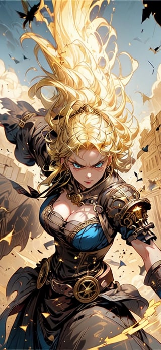 She has an angry look on her face. Blonde hair and blue eyes. She wears a steampunk renaissance dress with golden details. She is chargind into battle, dust and debris fly into the air as she leaps foward. She's fierce and confident. Cinematic lighting, dynamic pose, dynamic angle, perfect composition all create an epic battlefield.