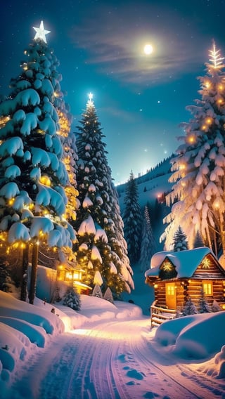 charming fairy tale village, snow-covered decorated Christmas trees, warm inviting cabin, ultra sharp digital oil painting, snowflakes, mountains with waterfall, soft light far-away full moon, glitter, stars, stardust, hyper realistic, well rendered, detailed, vibrant, electric blue and purple sky in style of Thomas Kinkade