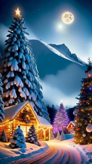 charming fairy tale village, snow-covered decorated Christmas trees, warm inviting cabin, ultra sharp digital oil painting, snowflakes, mountains with waterfall, soft light far-away full moon, glitter, stars, stardust, hyper realistic, well rendered, detailed, vibrant, electric blue and purple sky in style of Thomas Kinkade