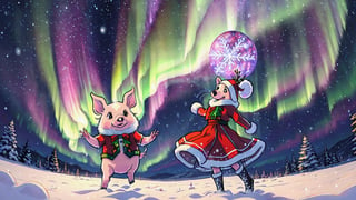 Christmas, a beautiful little princess pig wearing a Christmas outfit, standing on a snowy field, looking up at the beautiful Aurora Borealis dancing across the sky, enveloping her in a mesmerizing display of colors. 