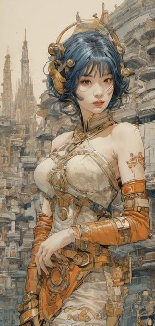 Super cool warrior cyborg, 50s design, complex, Jean baptiste monge style, retrofuturistic space city, pop art, sf, intricate artwork masterpiece, katsuhiro otomo style, takato yamamoto style, pulp, cultural combinations, eastern elegance, oriental overlaps, art deco