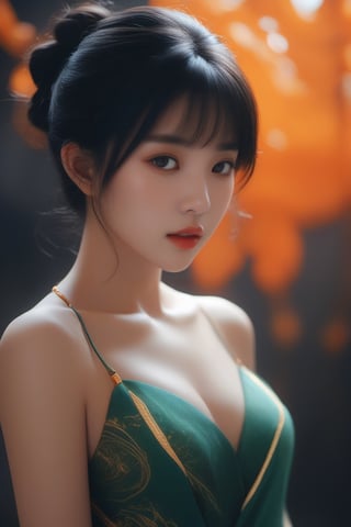 RAW photograph of a stunning heavenly beautiful woman, sharp contrast, Techno Marble, photorealistic, creepy, art by gaston bussiere, art by wlop, hyper detailed, unreal engine 5, space, breathtaking, Korean light novel, gold, glitchy, photorealistic landscape, black background, (jade and orange color scheme:1.2), cinematic still by Guillermo del toro, art by ilya kuvshinov, Anime Avatar, arnold render, art by wayne barlowe, 