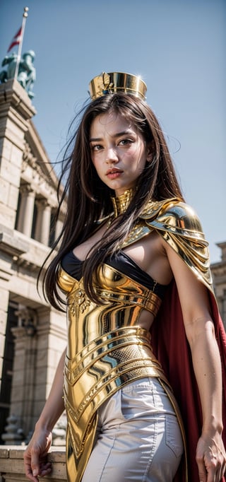  Egyptian queen  in ancient egypt uniform with long brown hair, fancy clothes, palace, sharp look, strong pose, confident, powerful