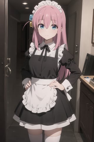 masterpiece, best quality, gigantic breasts, oppais gigantic, pink hair, cube hair ornament, solo, jacket, blue eyes, long hair, bag, looking at viewer, bangs, hair between eyes, Bocchi the rock, hitori gotoh, blue eyes, pink hair, hair ornament, hair ribbon, long hair, x hair ornament,
BREAK apron, black ribbon, black skirt, black sleeves, detached collar, detached sleeves, flower, frilled apron, frilled skirt, frills, head wreath, long sleeves, maid, miniskirt, neck ribbon, purple ribbon, ribbon, ribbon trim, ribbon-trimmed sleeves, roswaal mansion maid uniform, long hair, skirt, big thighhighs, waist apron, white apron, white thighhighs,
BREAK outdoors, city,
BREAK looking at viewer, 
BREAK (masterpiece:1.2), best quality, high resolution, unity 8k wallpaper, (illustration:0.8), (beautiful detailed eyes:1.6), extremely detailed face, perfect lighting, extremely detailed CG, (perfect hands, perfect anatomy), arms down, hands on hips, well drawn and drawn:0.8, hidden hands, perfect shading, perfect coloring, natural colors, each stroke of the image canvas perfect and with very high details,Bocchi,anime