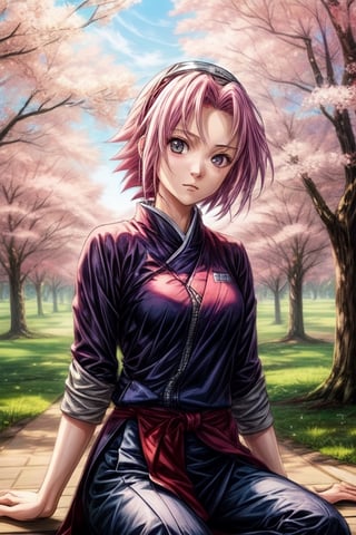 Generate a high-quality image of Sakura from the anime 'Naruto' in a non-combat, relaxed pose. Sakura should be depicted in a standing or sitting position, exuding a sense of calmness and serenity. Ensure her facial expression reflects tranquility and inner peace. The background should complement Sakura's character and not depict any fighting scenes. Instead, consider a serene natural setting such as a cherry blossom garden or a peaceful meadow with soft sunlight filtering through the trees. Sakura's attire should be true to her character design from the anime, with attention to detail and accuracy. Additionally, please incorporate subtle elements that convey Sakura's personality traits, such as determination and kindness. Use [insert website URL] to generate the image, ensuring it meets high-quality standards and captures the essence of Sakura's character from 'Naruto' accurately,better_hands