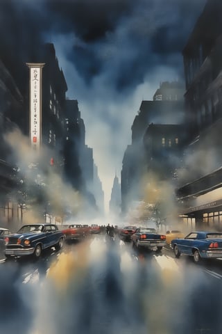 (masterpiece),(watercolor painting of Jung hun-sung:1.7), (New York night street:1.7), buildings,cars, people, ,Night scene, (watercolor paint smudged:1) ,night city,  dark_blue sky,