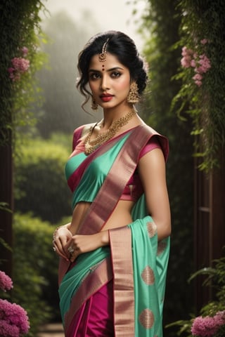 In a stunning composition featuring a beautiful woman, the scene is illuminated by beautiful light, creating a dramatic atmosphere that enhances the ultra-quality of the image. The intricately detailed dramatic image captures the essence of a rainfall, with a rainbow adding a touch of transparency and subtlety to the overall beauty.

The woman, adorned in a pink silk saree, stands against a lush green background. Her hands, detailed and beautiful, are elegantly covered by the intricate design of the saree. The detailed fingers showcase the artistry involved, and her eyes are a focal point, conveying a sense of depth and emotion.

Adding a touch of cultural richness, the woman is adorned in Hindi-type makeup, enhancing the overall allure. The composition is so stunning that it can be likened to a masterpiece by Leonardo da Vinci. The cover features the woman from top to bottom, showcasing the meticulous details of her attire and the overall scene.

To add a touch of charm, the woman is engaged in conversation with her pet parrot. The image captures not just the physical beauty but also the emotional connection between the woman and her feathered companion, creating a scene that is both visually captivating and emotionally resonant.