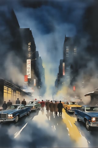 (masterpiece),(watercolor painting of Jung hun-sung:1.7), (New York night street:1.7), buildings,cars, people, ,Night scene, (watercolor paint smudged:1) ,night city,  dark_blue sky,