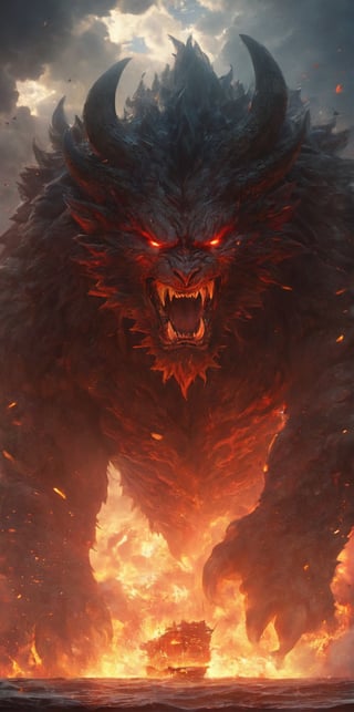 (((masterpiece, best quality, ultra-detailed, photorealism))), an angry beast, rage instantly billowed up from the depths of its heart, its fury soared to the heavens, creating unending light of chaos, Lenkaizm , JRP style,BJ_Sacred_beast, movie still, wallpaper, ,Movie Poster,MoviePosterAF