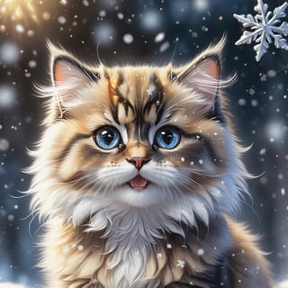 little fluffy Persian Calico kitten playing with little snowflakes, small
detailed eyes with highlights, long eyelashes, fur, original style, cute, cute and charming, fantasy with glowing eyes, sparkling snow, soft light, glitter, professional photo, beautiful,3d, realistic, 8k, high resolution, cgi, hyperrealism, 1/300's, highly detailed digital painting, bizarre