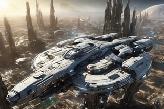  space, high_resolution, high detail , realistic, realism, futuristic, galactic capital city, techno, ancient, mystic, ion_engines, many small space ships