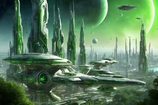  space, high_resolution, high detail , realistic, realism, futuristic, galactic capital city, techno, ancient, mystic, ion_engines, many small space ships in the background, green spires