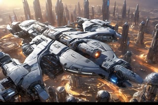  space, high_resolution, high detail , realistic, realism, futuristic, galactic capital city, techno, ancient, mystic, ion_engines, many small space ships