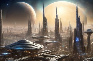  space, high_resolution, high detail , realistic, realism, futuristic, galactic capital city, techno, ancient, mystic, ion_engines, many small space ships in the background