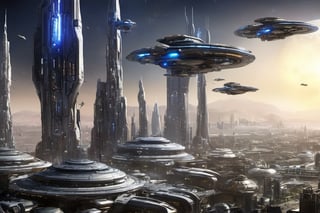  space, high_resolution, high detail , realistic, realism, futuristic, galactic capital city, techno, ancient, mystic, ion_engines, many small space ships