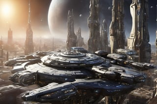  space, high_resolution, high detail , realistic, realism, futuristic, galactic capital city, techno, ancient, mystic, ion_engines, many small space ships