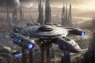  space, high_resolution, high detail , realistic, realism, futuristic, galactic capital city, techno, ancient, mystic, ion_engines, many small space ships