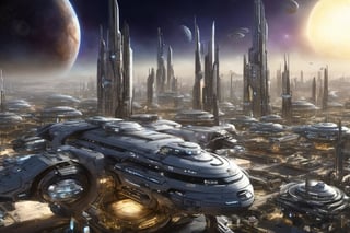  space, high_resolution, high detail , realistic, realism, futuristic, galactic capital city, techno, ancient, mystic, ion_engines, many small space ships in the background