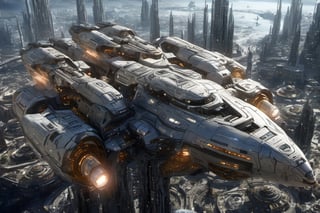  space, high_resolution, high detail , realistic, realism, futuristic, galactic capital city, techno, ancient, mystic, ion_engines, many small space ships