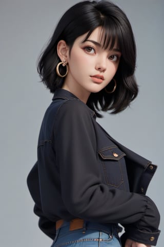 1girl, looking at viewer, short hair, simple background, collarbone, denim, shirt, jewelry, black hair, pants, earrings, open clothes, lips, solo, black shirt, jacket
