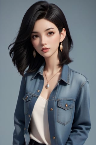 1girl, looking at viewer, short hair, simple background, collarbone, denim, shirt, jewelry, black hair, pants, earrings, open clothes, lips, solo, black shirt, jacket
