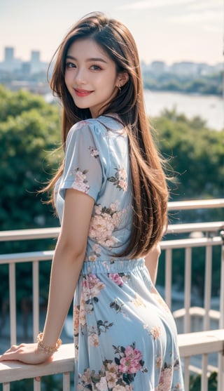 1girl, solo, long hair, looking at viewer, smile, brown hair, dress, jewelry, short sleeves, outdoors, sky, looking back, cloud, bracelet, tree, floral print, plant, scenery, sunset, railing