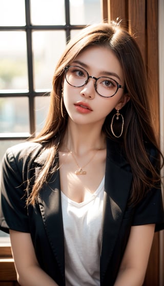 1girl, solo, long hair, looking at viewer, brown hair, brown eyes, jewelry, jacket, upper body, short sleeves, earrings, parted lips, glasses, necklace, lips, black jacket, head tilt, window, round eyewear