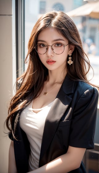 1girl, solo, long hair, looking at viewer, brown hair, brown eyes, jewelry, jacket, upper body, short sleeves, earrings, parted lips, glasses, necklace, lips, black jacket, head tilt, window, round eyewear