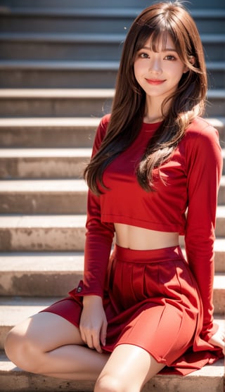 1girl, solo, long hair, looking at viewer, smile, bangs, skirt, brown hair, shirt, long sleeves, brown eyes, detailed size body, signature, red shirt, long skirt, stairs, photo background