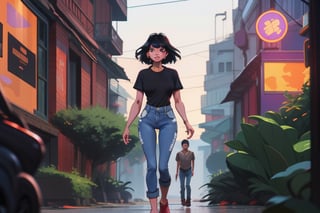 A beautiful long black-haired and black-eyed working girl wearing a black shirt and denim jeans walking along the busy street in the evening at Esplaned in kolkata