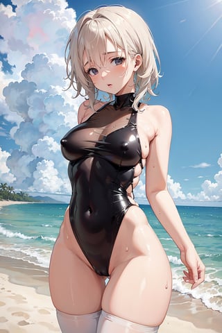 a woman standing on a beach next to the ocean,  wet swimsuit,  translucent body,  thin bodysuit,  smooth translucent white skin,  wearing a black bodysuit,  swimsuit model,  skintight black bodysuit,  see - through,  sexy girl,  Asian blonde goddess,  is wearing a swimsuit,  bodysuit,  anna nikonova aka newmilky,  black swimsuit,  sheer,  see through,  lacey, ,Monroe