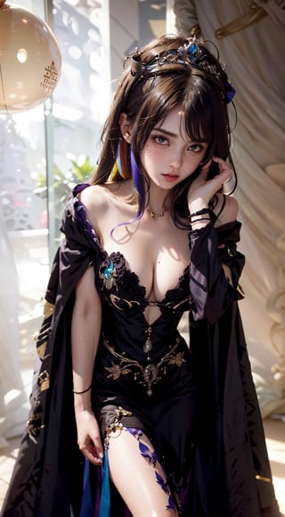 , 1 girl, freckles, visible skin pores, tiny_breasts, voloptuous, eyeglass, tiara crown, intricate dress, multicolored, robe, shoulder cape,book, classical_mythology, light orbs,insane details, neon purple, multicolored hair,High detailed ,girl, geometric tattoo,1 girl, photorealistic, realistic,hourglass body shape,Sexy, textured