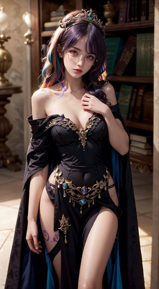 , 1 girl, tiny_breasts, dark_skinned_female, eyeglass, tiara crown, intricate dress, multicolored, robe, shoulder cape,book, classical_mythology, light orbs,insane details, neon purple, multicolored hair,High detailed ,girl, random pattern tattoo,1 girl, photorealistic, realistic,hourglass body shape