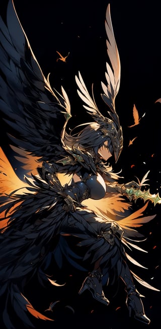 1girl,raven head gear, intricate, black armor and feather dress, bird wings, midium breast, body, dynamic action pose, looking_at_the_viewer ,glittering flowers, complex background,weapon,1 girl,SAM YANG,High detailed ,seek,Pixel art,portrait,illustration,fcloseup,nodf_lora