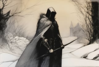 ,1male,medieval king, eternal winter,art by arthur rackham and franz kline,contour light,fine detail,atmospheric