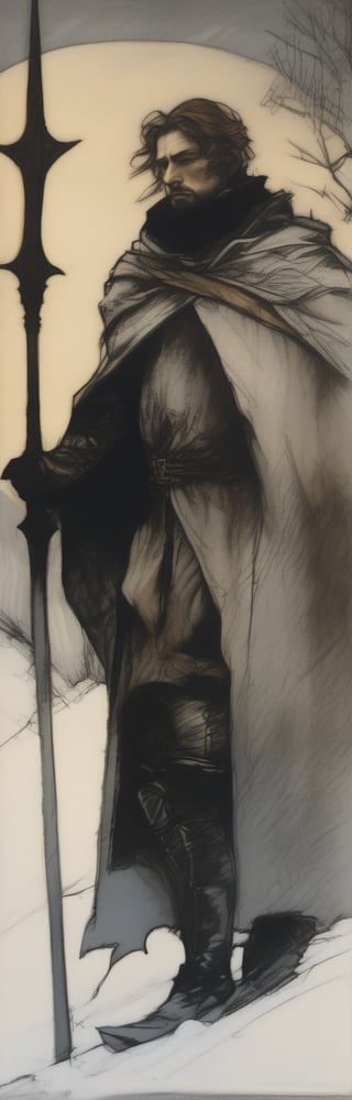 ,1male,medieval king, eternal winter,art by arthur rackham and franz kline,contour light,fine detail,atmosphere