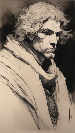 ,1male,medieval king,handsome, eternal winter,art by arthur rackham and franz kline,contour light,fine detail,atmospheric