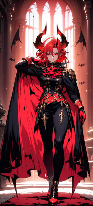 1 male, Horns, Blood red pupils,Large Bat wings, Noble clothes and cape,musculine,extremely Detailed cg, masterpiece,best quality, High resolution, LegendDarkFantasy, Dynamic pose, fullbody,