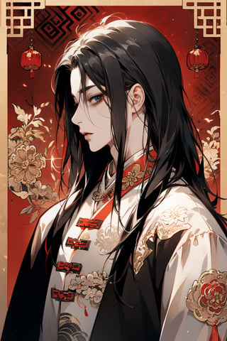 1guy, Black and white traditional chinese_clothes, mullet hair, horror(theme),  looking_at_viewer  , side profile, mandala background