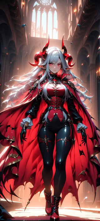 1 female, long ears, Horns, Blood red pupils,Large Bat wings, Noble clothes and cape,musculine,extremely Detailed cg, masterpiece,best quality, High resolution, LegendDarkFantasy, Dynamic pose, fullbody,DonMB4nsh33XL 