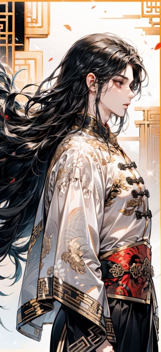 1guy, Black and white traditional chinese_clothes, long black hair, etherial black energy,  side eye , side profile, full_body