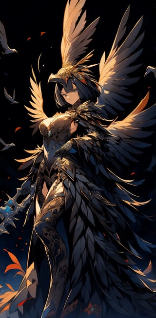 1girl,raven head gear, intricate, black armor and feather dress, bird wings, midium breast, body, dynamic action pose, looking_at_the_viewer ,glittering flowers, complex background,weapon,1 girl,SAM YANG,High detailed ,seek,Pixel art,portrait,illustration,fcloseup,nodf_lora