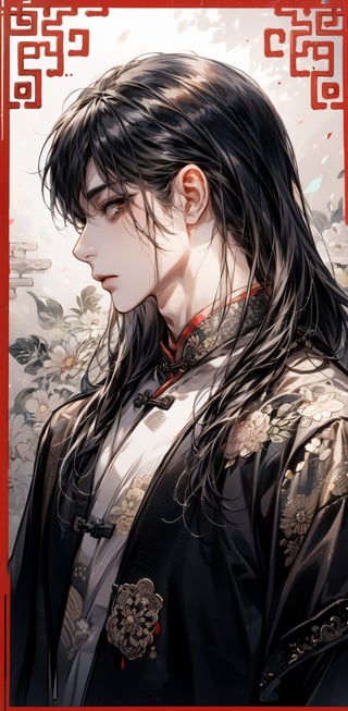 1guy, Black and white traditional chinese_clothes, mullet hair, horror(theme), chin up, looking_at_viewer , slender , side profile, mandala background