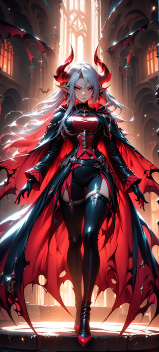 1 female, long ears, Horns, Blood red pupils,Large Bat wings, Noble clothes and cape,floating,feet level view,extremely Detailed cg, masterpiece,best quality, High resolution, LegendDarkFantasy, Dynamic pose, fullbody,DonMB4nsh33XL 