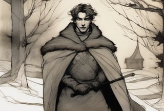 ,1male,medieval king,handsome, eternal winter,art by arthur rackham and franz kline,contour light,fine detail,atmospheric