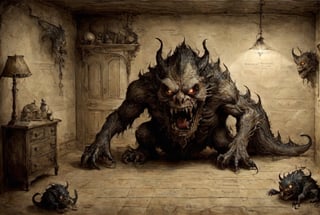 on parchment the monster from under the bed lurks on the floor menacing terrifying nighttime beast