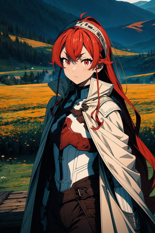 Masterpiece, Best quality, High resolutions, girl, long red hair, a headband, (large chest) chest 50 cm, protective chest armor, white skin, very sexy, beautiful red eyes, noble hunter girl clothes, clothing white, brown pants, a dark coat, a combination of a meadow background,