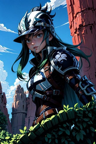 masterpiece, best quality, high resolution, fairy tale, He is in a heroic pose, he wears black and white armor with blue details, including two large, pointed shields, his helmet has an angular design and covers part of his face, showing just the eyes and mouth. The background with blue sky and white clouds, along with green rock formations, suggests that the scene takes place outdoors.,erzascarlet,fairy tail
