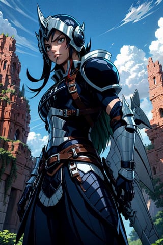 masterpiece, best quality, high resolution, fairy tale, He is in a heroic pose, he wears black and white armor with blue details, including two large, pointed shields, his helmet has an angular design and covers part of his face, showing just the eyes and mouth. The background with blue sky and white clouds, along with green rock formations, suggests that the scene takes place outdoors.,erzascarlet,fairy tail