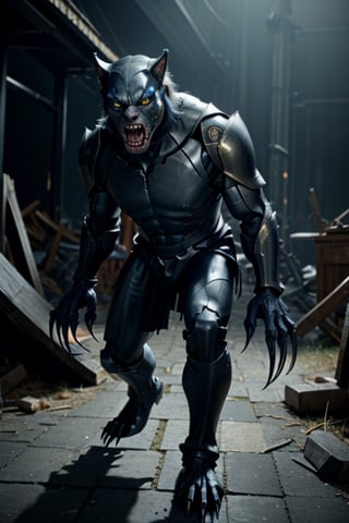 Create an image of a demonic werewolf with its sharp claws and teeth that can pierce steel and its massive body that can subdue its prey without resistance, it lives in a no man's land where a carcass surrounds it, making it very realistic and detailed, wearing blue and white armor, well detailed, with gold details, highly realistic, FHD, UHD, HDR, 3d,valorantviper